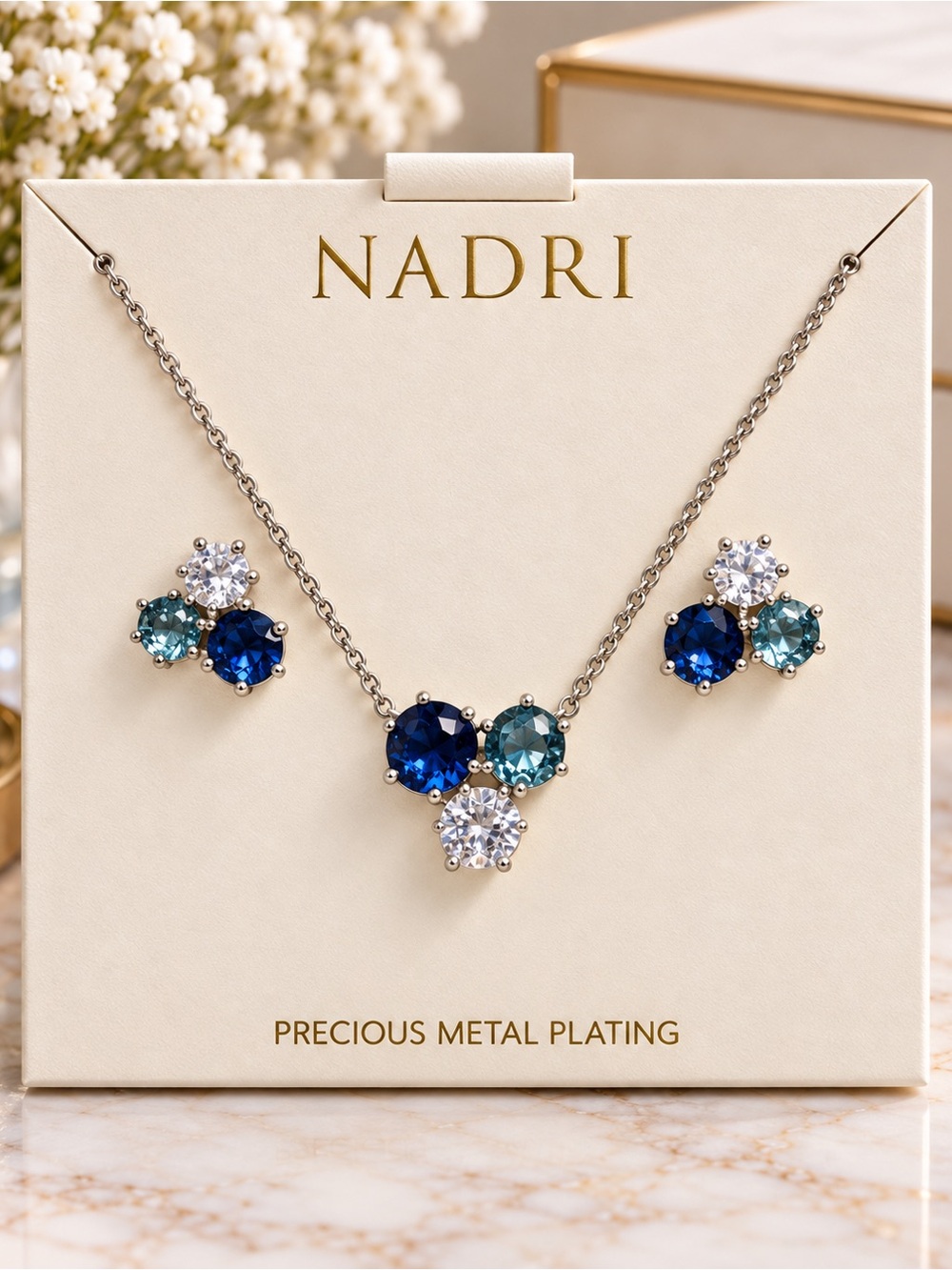 Nadri Blue Crystal Cluster Necklace & Stud Earrings Set Rhodium Plated NWT